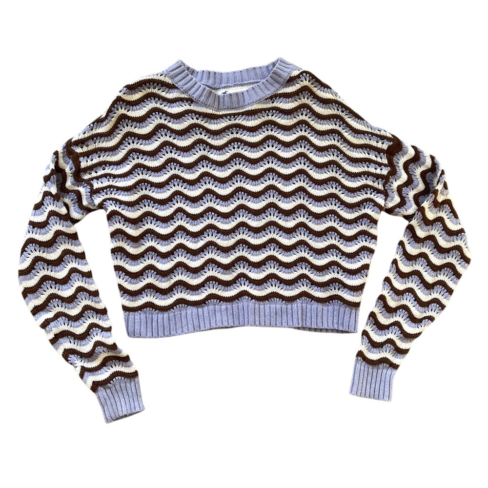 ✨ Hollister‎ Cropped Knit Sweater Blue Brown White Chevron Crewneck XS